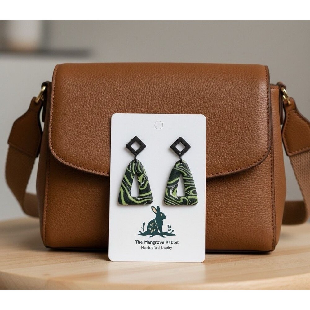 Green & Black Marbled Print Handmade Polymer Clay Dangle Earrings SS Posts